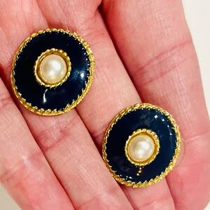 Vintage Deep Blue Enamel, White and Gold Tone Round Dome Stud Earrings